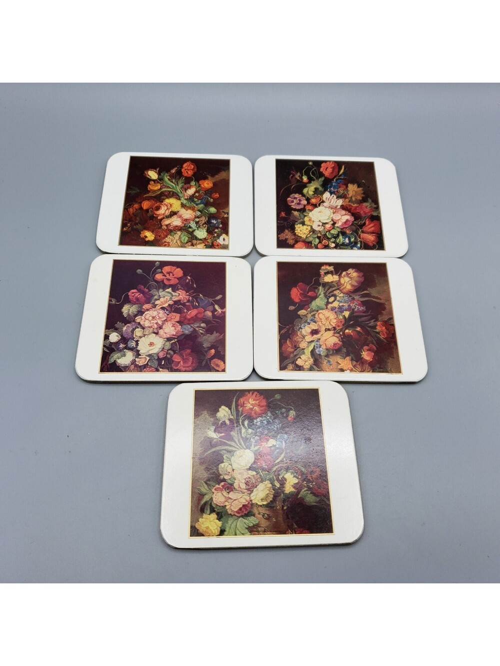 Vintage Paper Backed Coasters Antique Floral Arrangements Set of 5